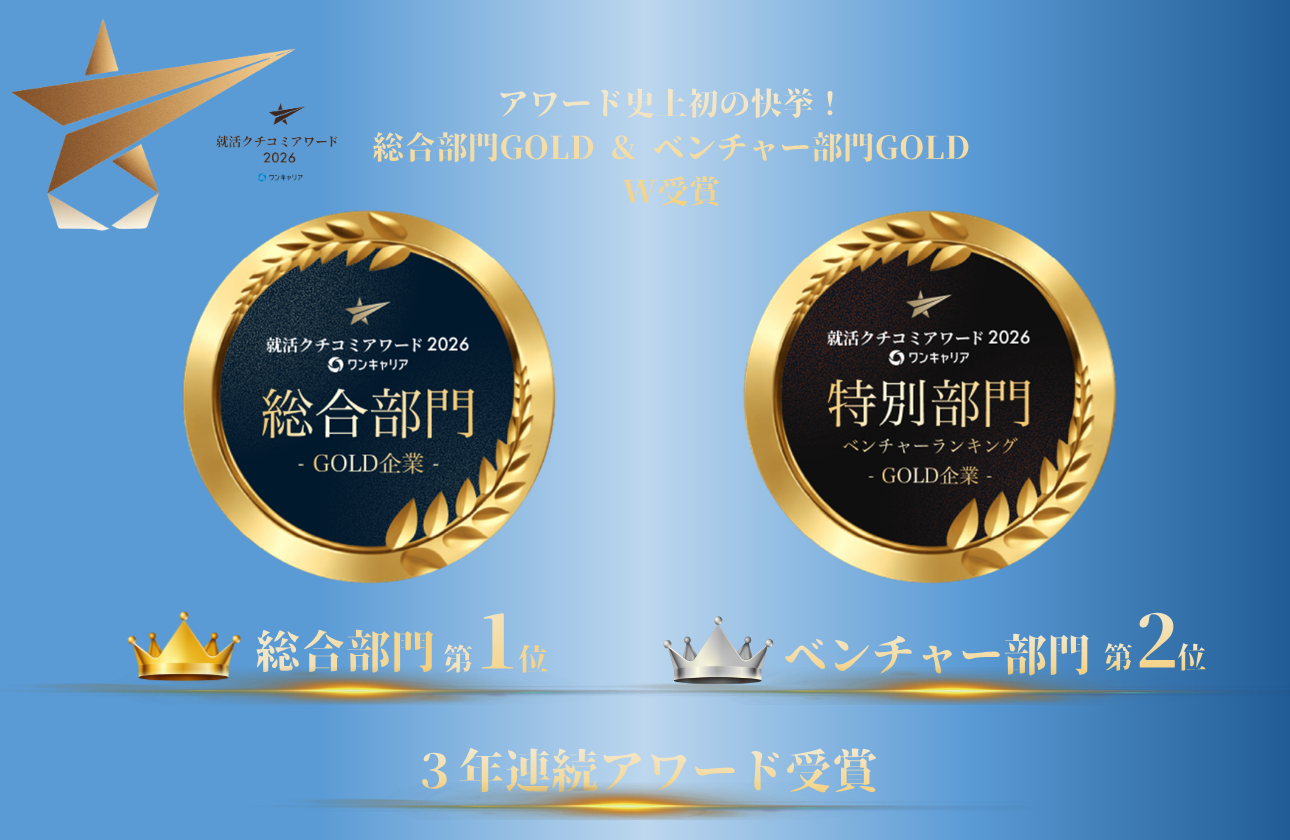就活口コミアワード2026　総合部門第1位　ベンチャー部門3年連続最高賞受賞
